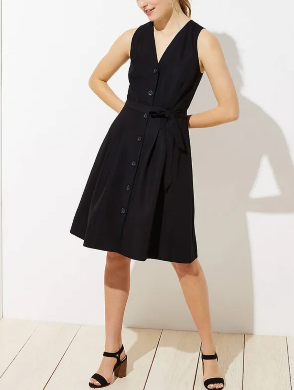 LOFT Button Down Pocket Flare Black Dress, 14 Petite, RN#140923, NWOT